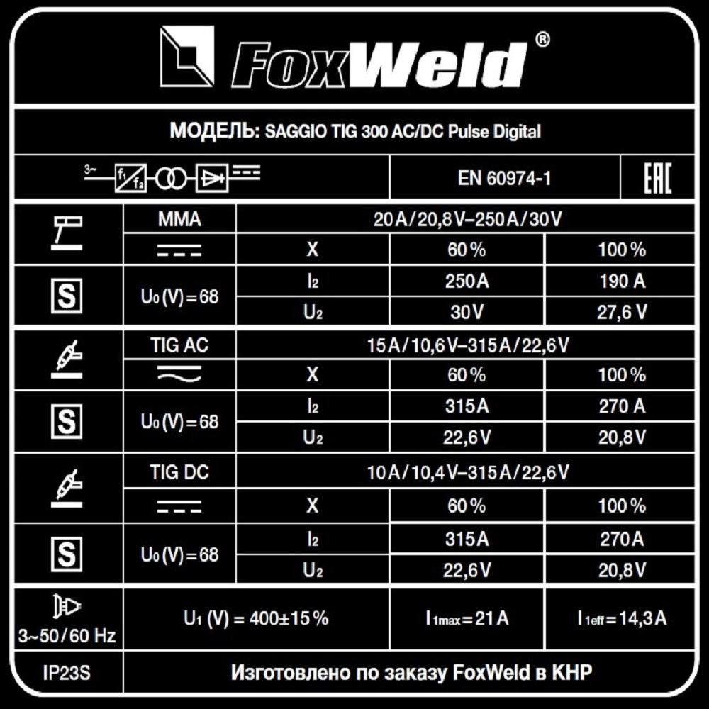 Аппарат аргонодуговой сварки FoxWeld SAGGIO TIG 300 AC/DC Pulse Digital - фото 7