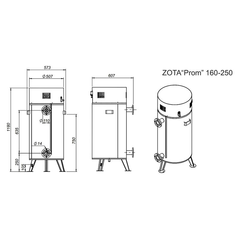 Напольный электрокотел Zota 250 Prom (PR3443221250) - Монтажные размеры прибора