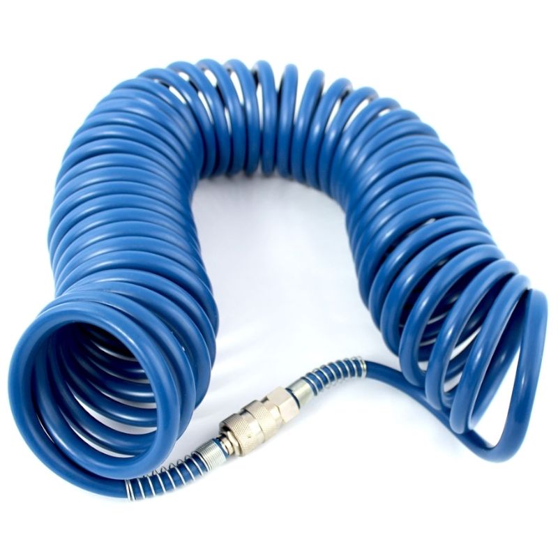 Шланг Pegas pneumatic спиральный синий с быстросъемными соединениями профи 15м 8*12мм 20бар - фото 1