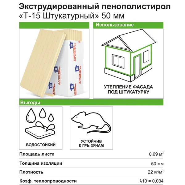 Экструдированный пенополистирол XPS Укна 50 мм Штукатурный Т-15 585x1185 мм 0.69 м2 - фото 3