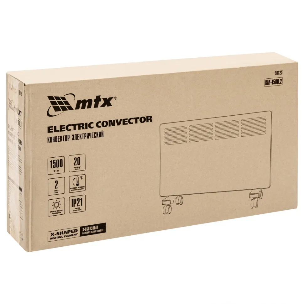 Конвектор электрический MTX КМ-1500.2, 230 В, 1500 Вт, X-образный нагреватель, колеса, термостат - фото 8