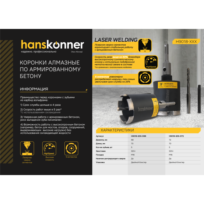 Коронка SDS+ Hanskonner H9018-SDS-D72 - фото 2
