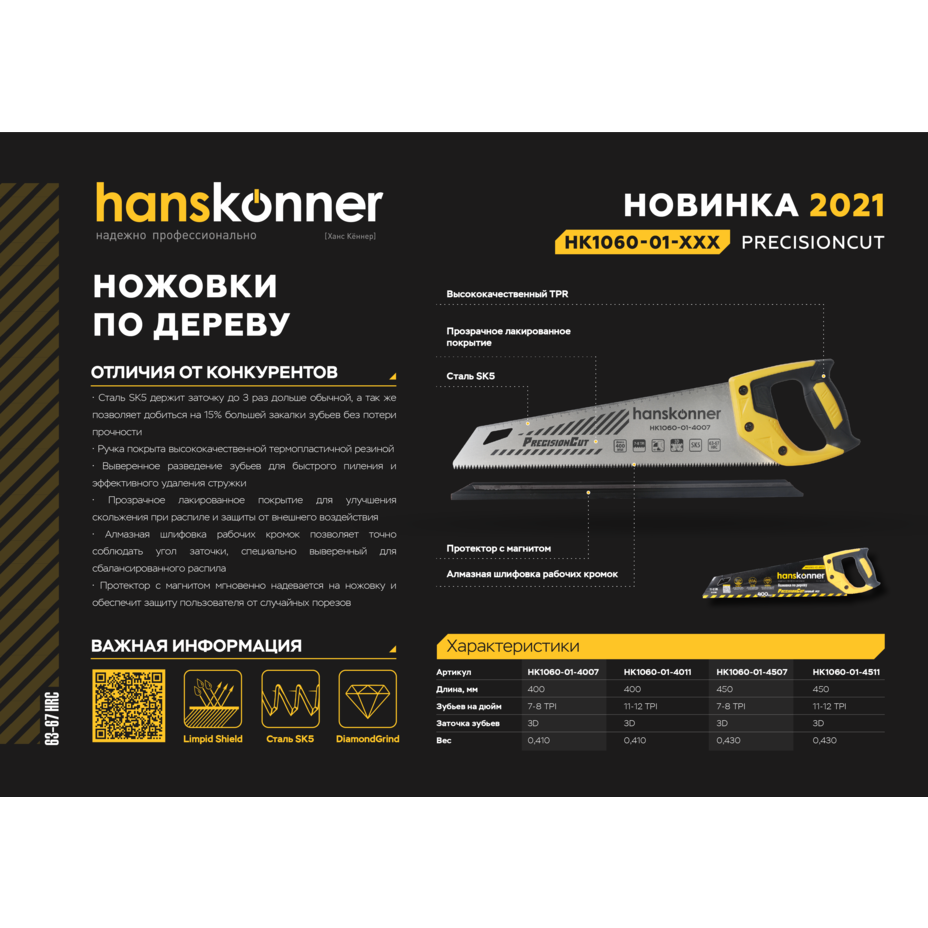 Ножовка по дереву, 400мм, 11-12 TPI, SK5, 3D зуб, Hanskonner - фото 3