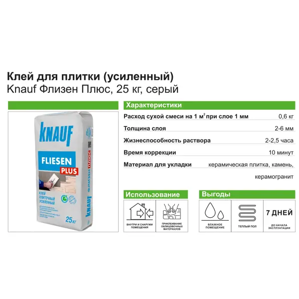 Клей для плитки Knauf Флизен Плюс усиленный 25 кг - фото 4